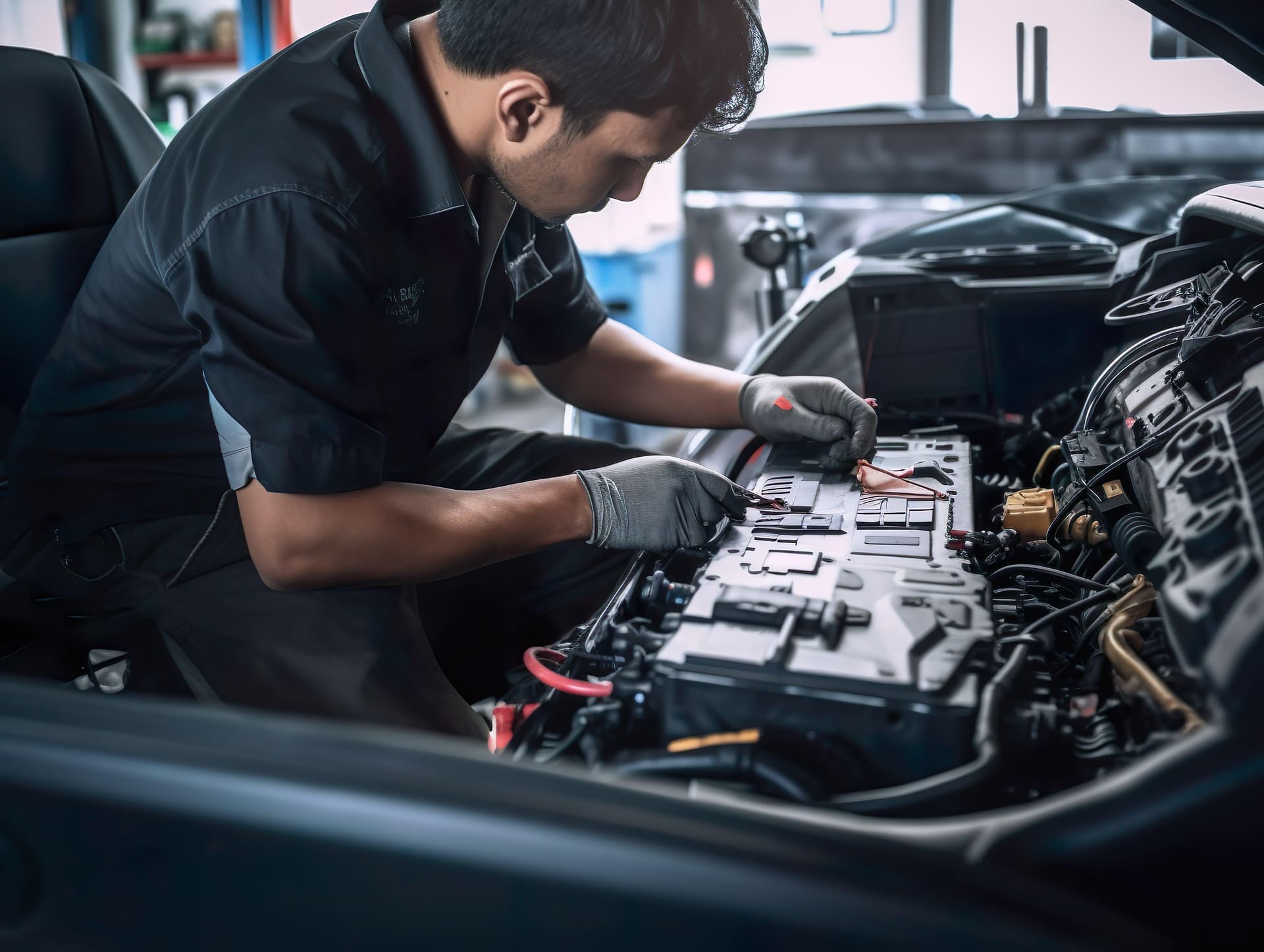 Mecánico profesional revisando el motor de un auto en taller mecánico en Perú