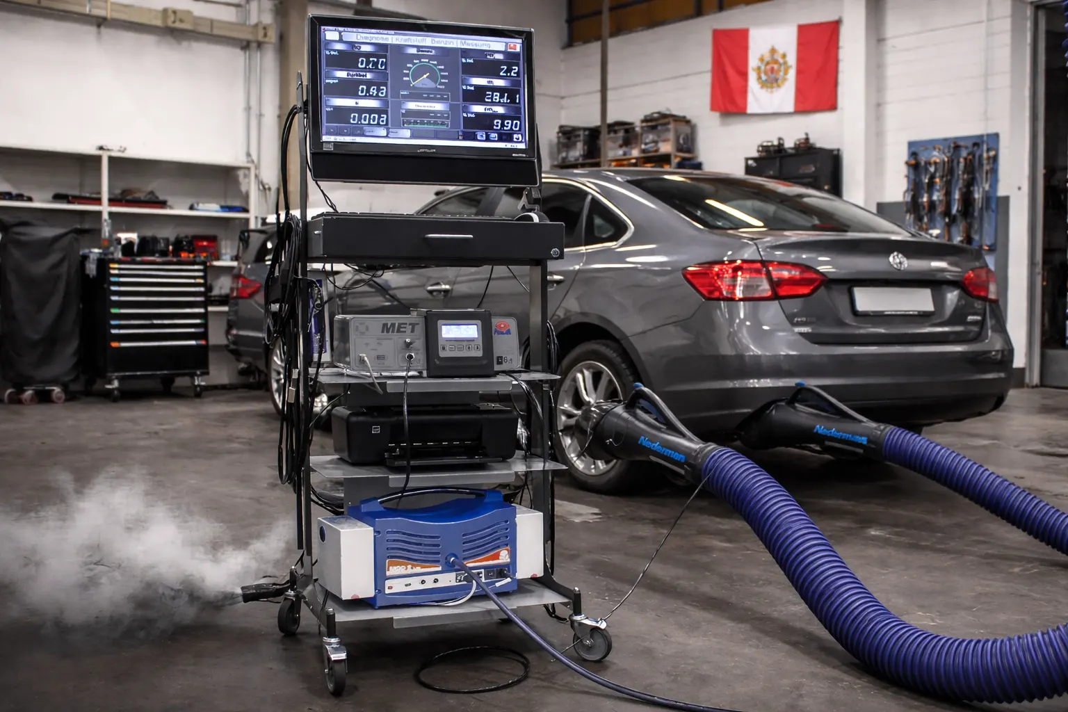 Equipo analizador de gases conectado al escape de un vehículo en taller automotriz midiendo emisiones contaminantes