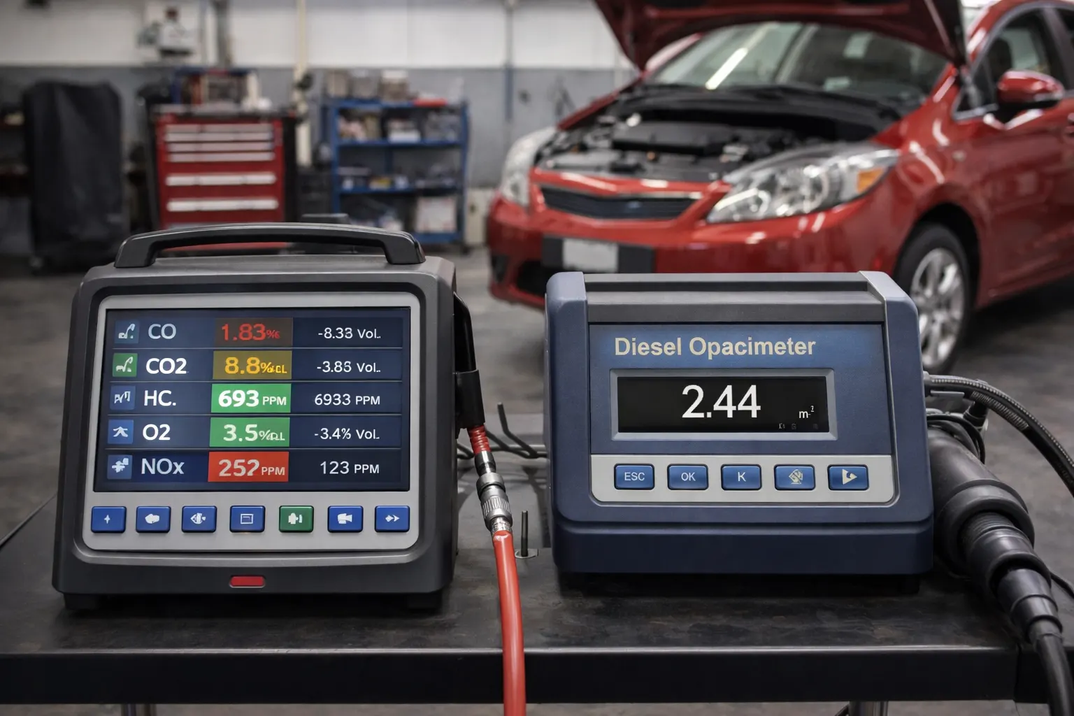 Equipo analizador de gases junto a opacímetro diésel midiendo emisiones contaminantes en taller automotriz