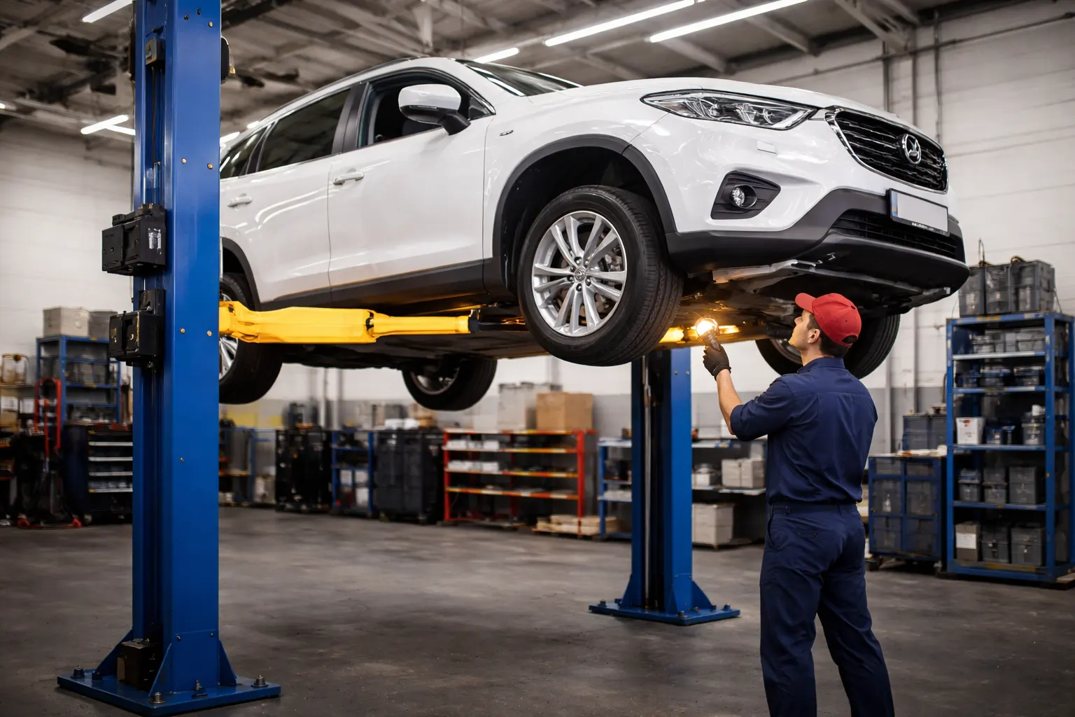 Vehículo elevado en elevador automotriz mientras mecánico realiza inspección debajo del auto en taller