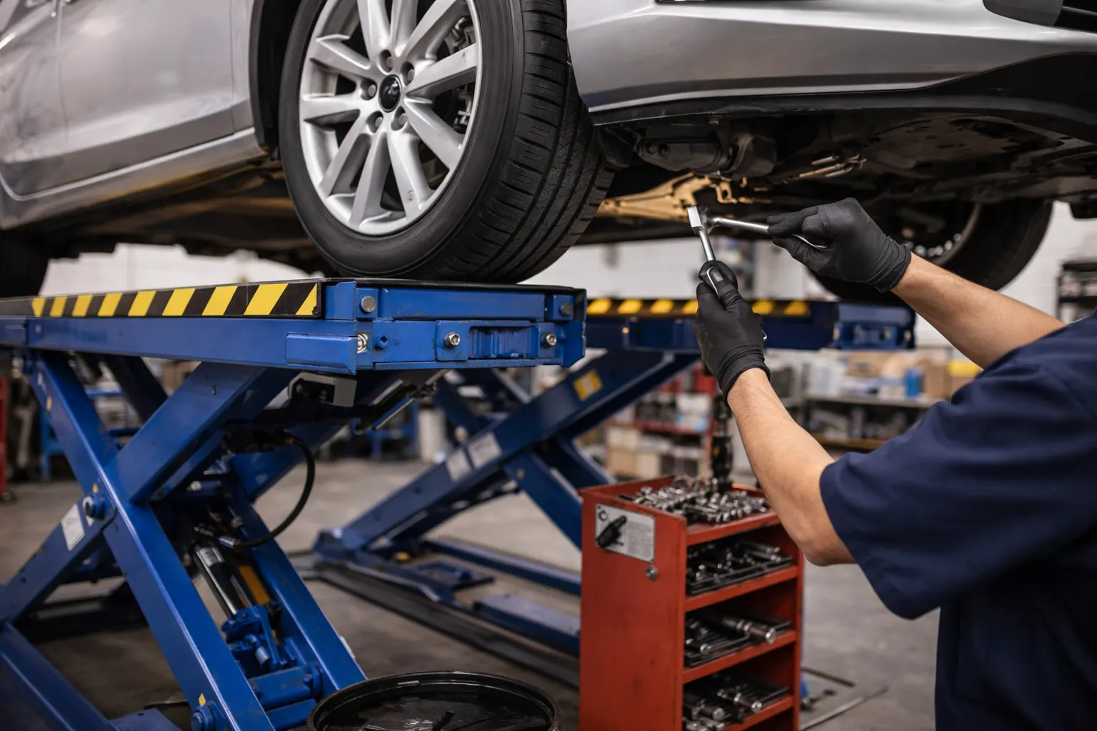 Mecánico ajustando componentes del vehículo elevado en elevador de tijera durante mantenimiento en taller, Elevador automotriz