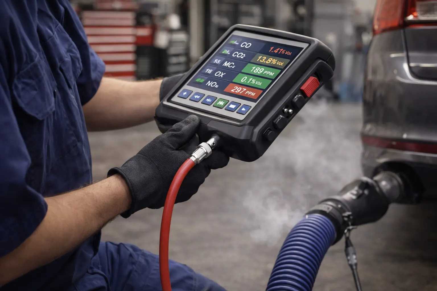 Mecánico utilizando analizador de gases portátil conectado al escape del vehículo para medir emisiones contaminantes