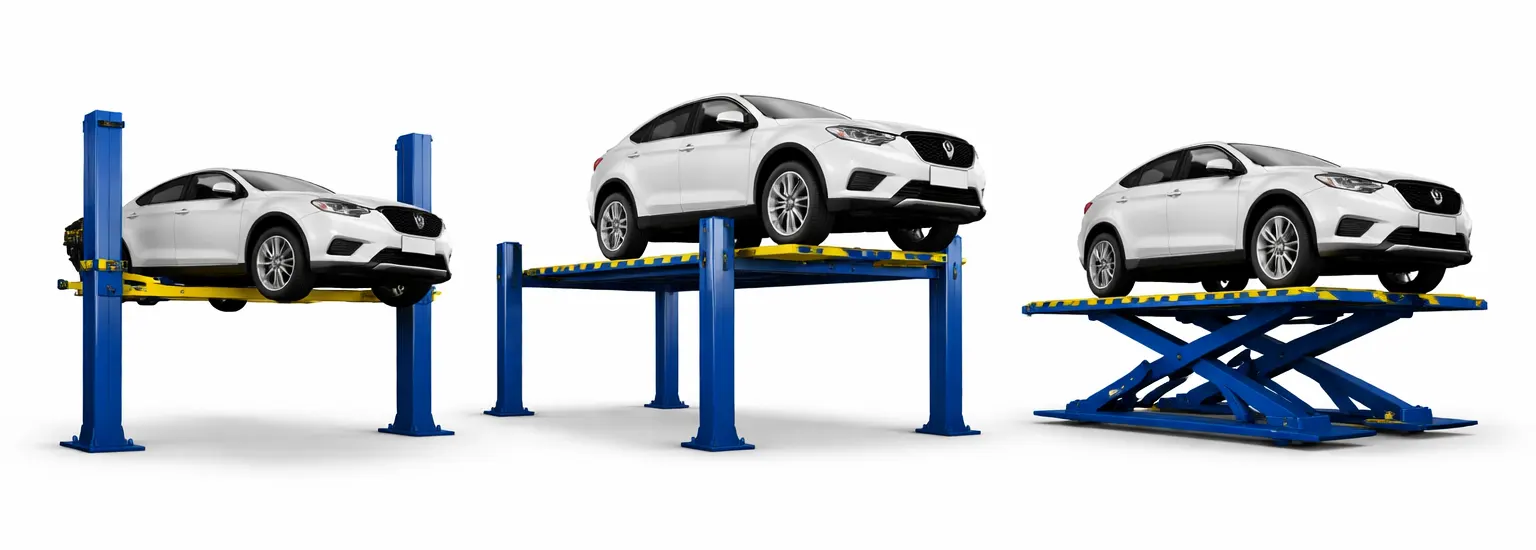 Comparativa de elevadores automotrices mostrando modelo de dos columnas, cuatro columnas y elevador de tijera a la misma altura Comparativa de elevadores automotrices mostrando modelo de dos columnas, cuatro columnas y elevador de tijera a la misma altura