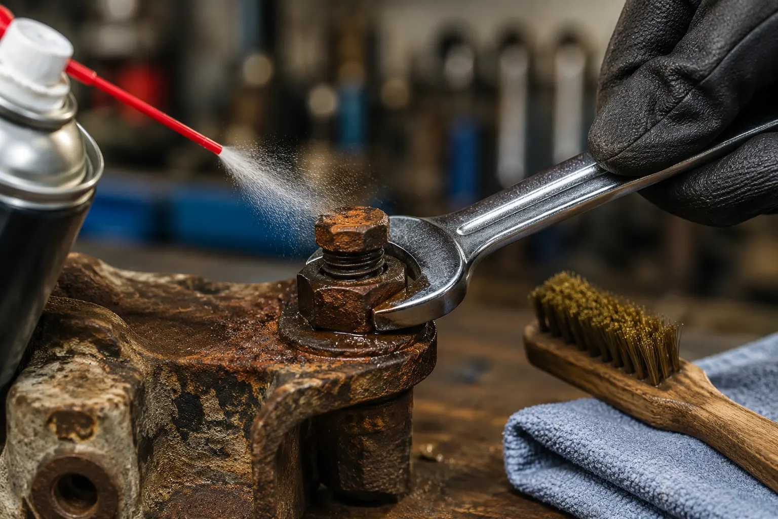 Perno oxidado siendo aflojado con una llave mientras se aplica lubricante penetrante en un taller mecánico.