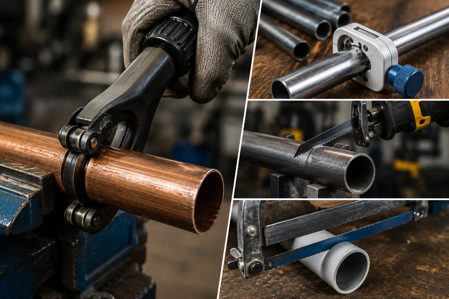 Herramientas utilizadas para cortar tuberías de metal y PVC de forma precisa sin deformar el material en un taller industrial.