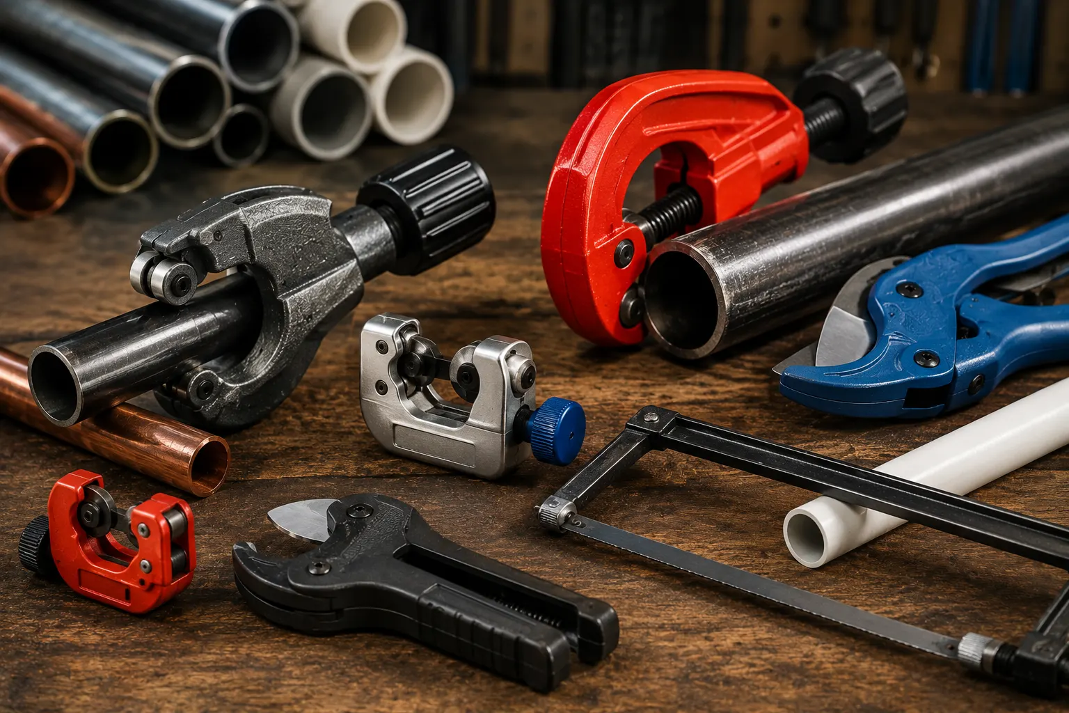 Diferentes herramientas profesionales para cortar tuberías de metal, cobre y PVC de forma precisa y segura sobre una mesa de trabajo.