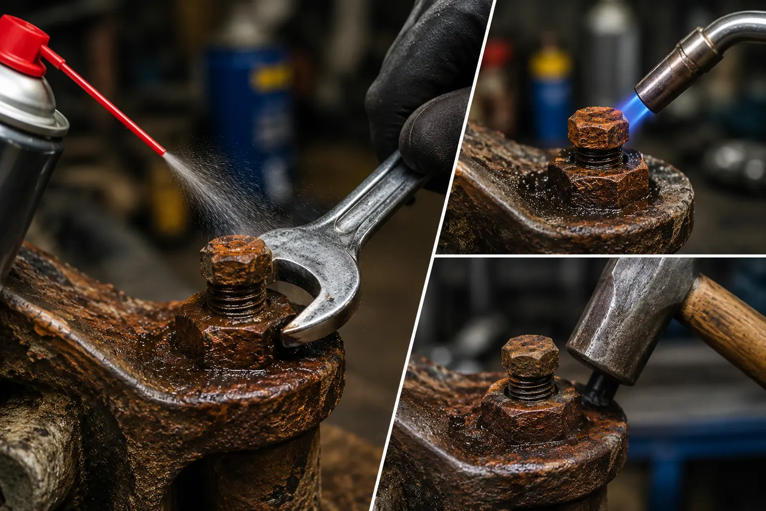 Diferentes técnicas para aflojar pernos oxidados usando lubricante penetrante, calor y herramientas manuales en un taller mecánico.