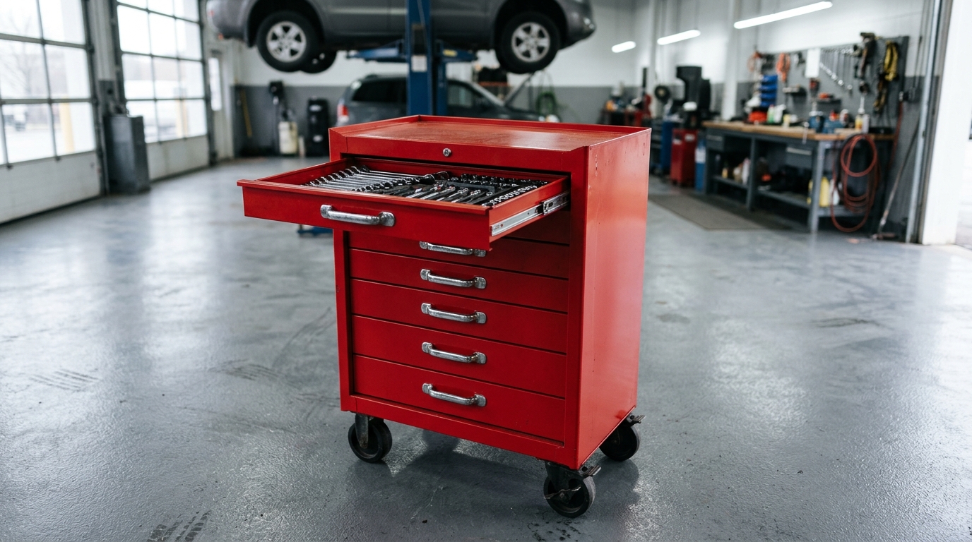 Carro de herramientas rojo de 6 cajones en un taller mecánico