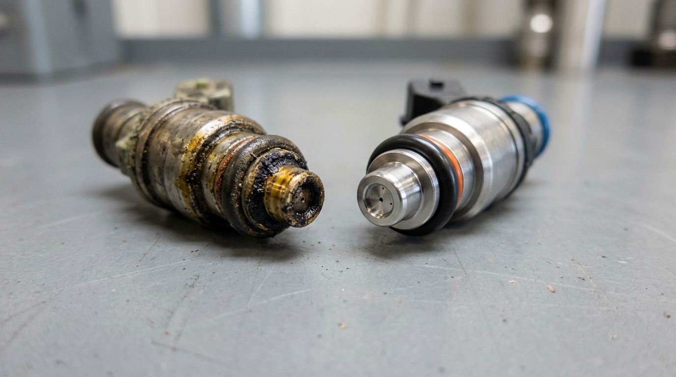 Comparación entre un inyector sucio con carbón y un inyector limpio
